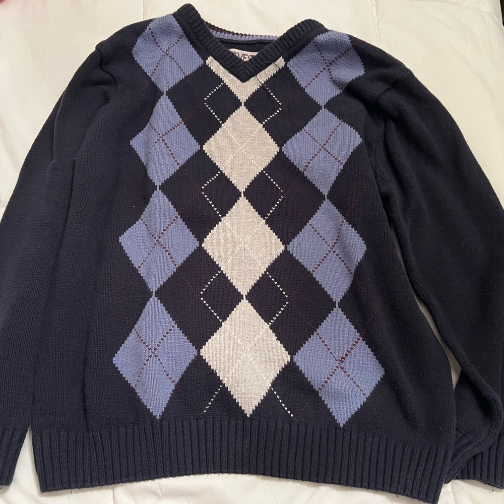 Kids Boys LARGE Navy, Light Blue, white Argyle  Sweater long sleeve